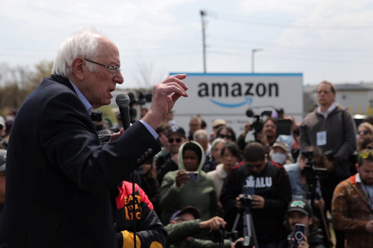 Bernie Sanders speaks during the Amazon union rally.