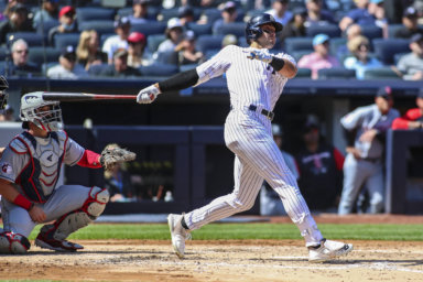 Yankees left fielder Joey Gallo hits an RBI double in the third inning during the team's sweep of the Cleveland Guardians.