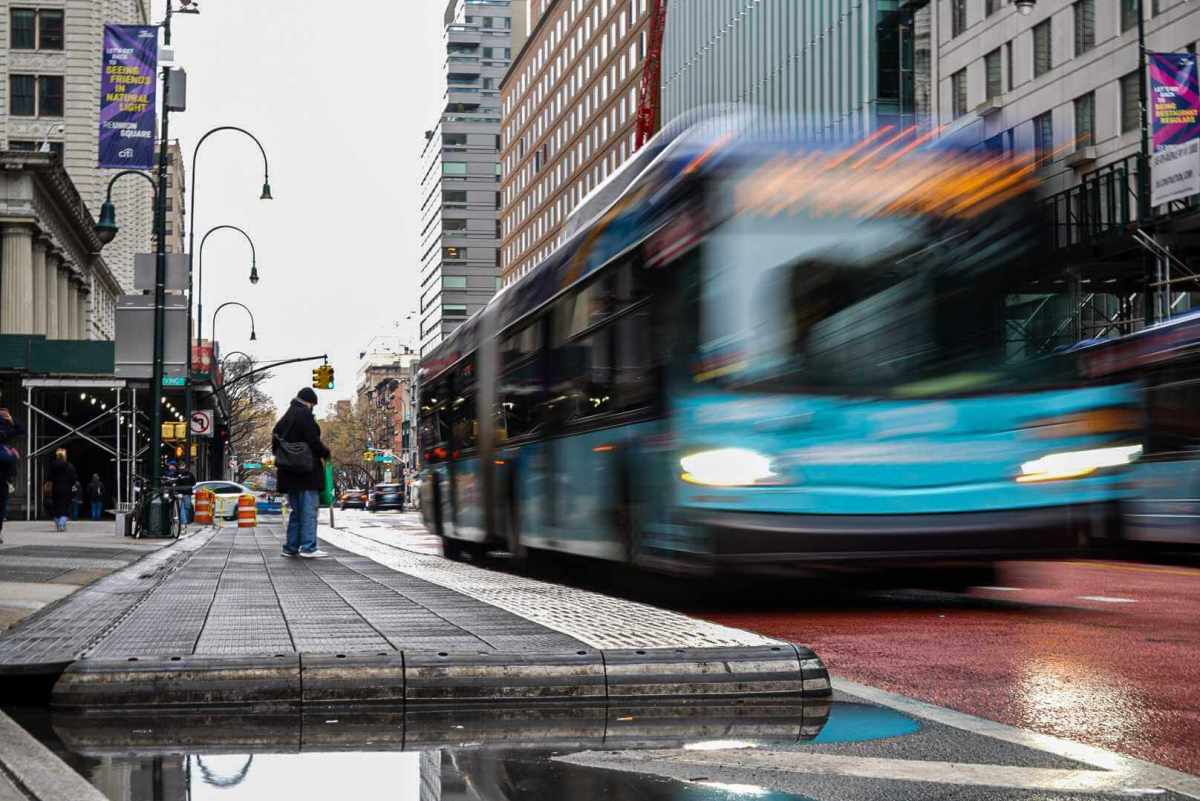 Bus traveling on busway in Manhattan