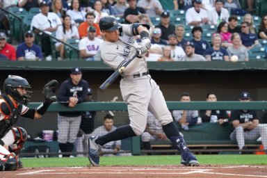 Yankees outfielder Aaron Judge connects a run scoring double in the 1st inning against the Baltimore Orioles.