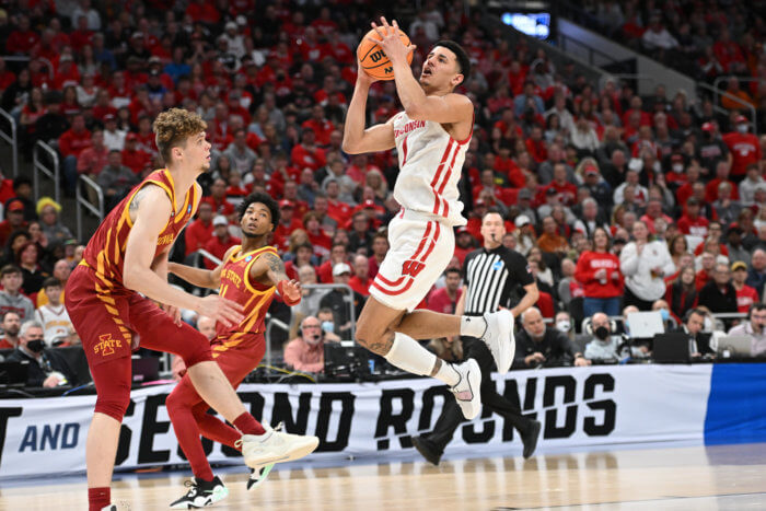 NBA Draft prospect Wisconsin Badgers guard Johnny Davis shoots the ball against the Iowa State Cyclones.