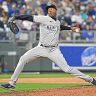 Yankees relief pitcher Aroldis Chapman delivers a pitch.