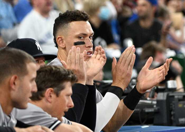 Joey Gallo and the Yankees bench during their loss to the Toronto Blue Jays.