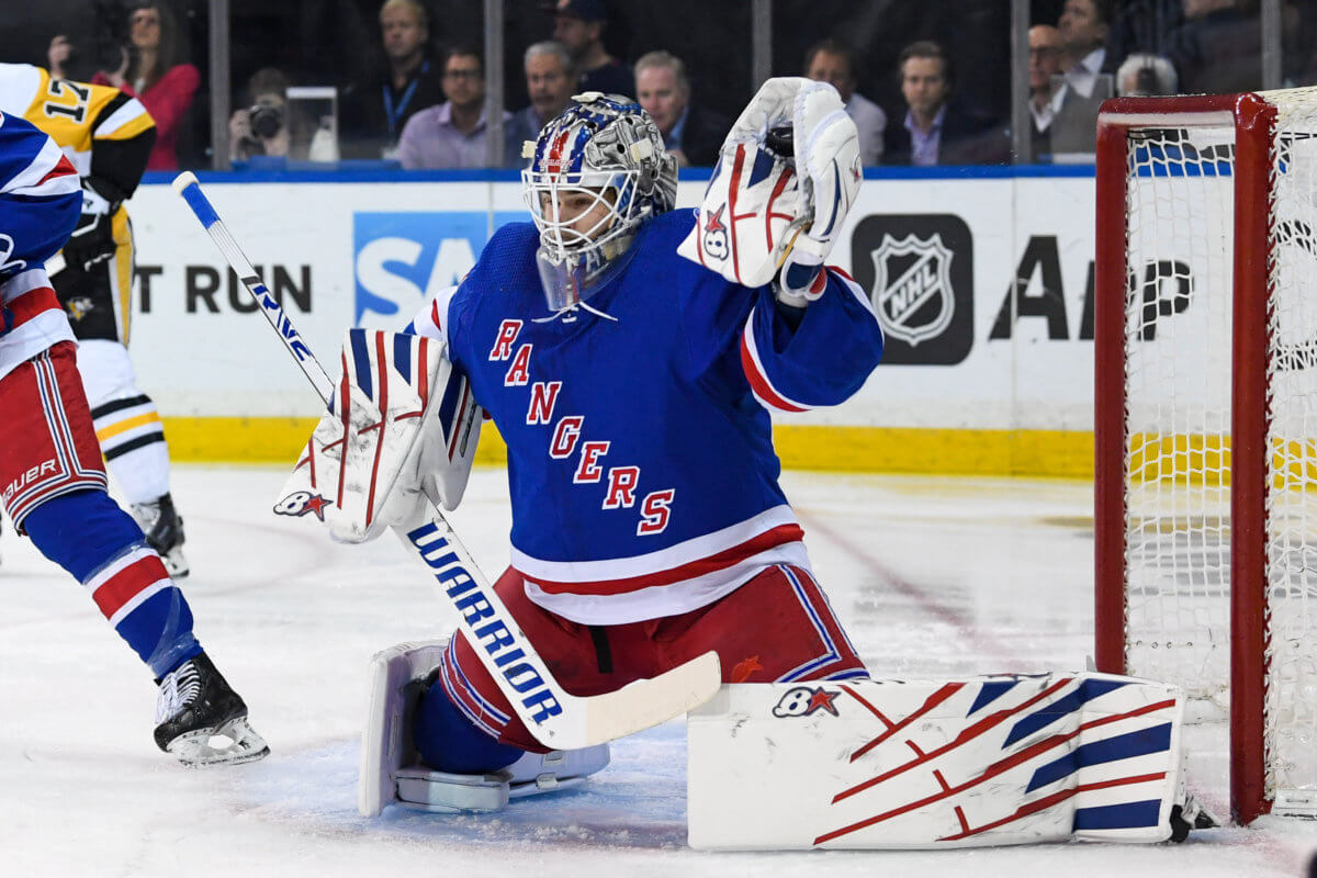 New York Rangers goaltender Igor Shesterkin celebrates with left