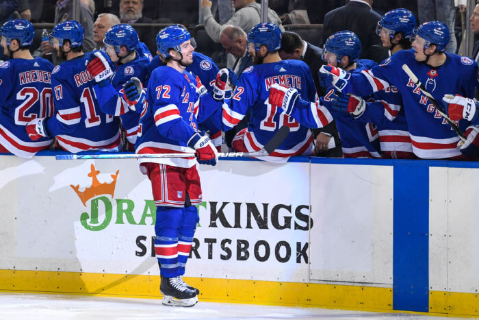 Rangers center Filip Chytil  celebrates his goal against the Penguins during the third period in Game 5.