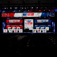 A view of the stage before the 2022 NBA Draft Lottery on Tuesday night.