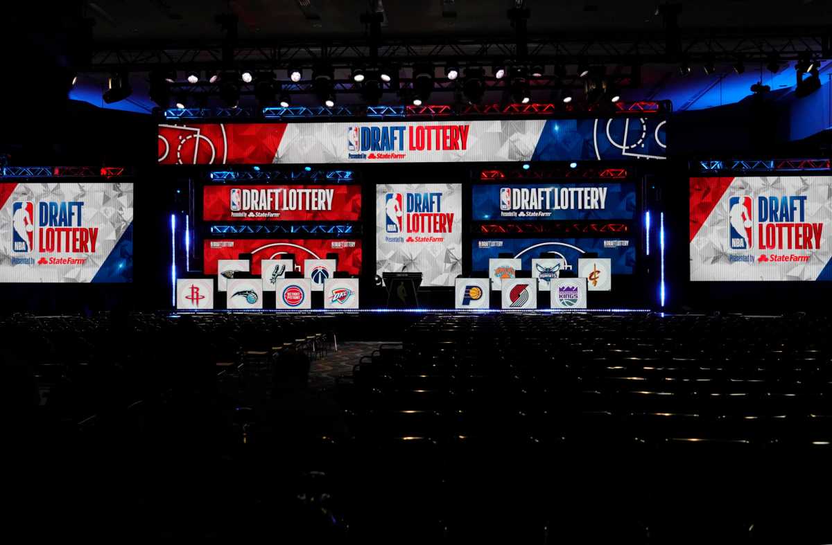 A view of the stage before the 2022 NBA Draft Lottery on Tuesday night.