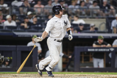 Yankees catcher Rob Brantly hits a double against the White Sox the 6th inning.