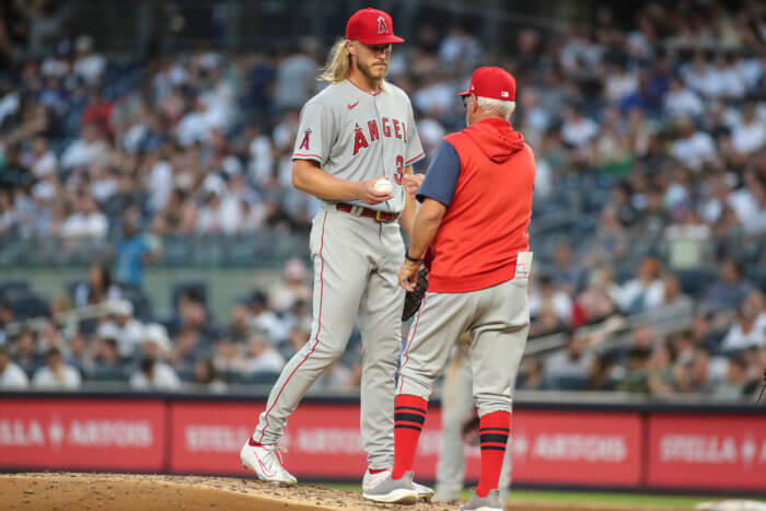  Angels starting pitcher Noah Syndergaard is taken out by manager Joe Maddon in the 3rd inning.