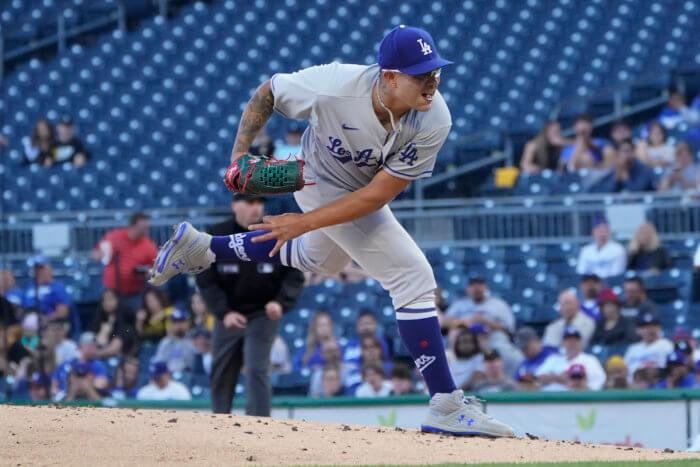 Julio Urias delivers a pitch in 2022 MLB action