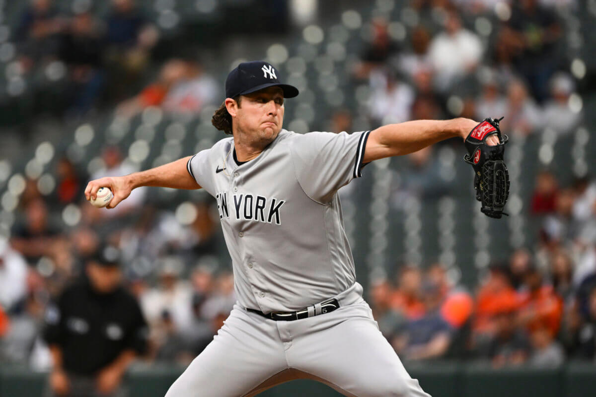Yankees starting pitcher Gerrit Cole throws to an Orioles batter during the 1st inning.