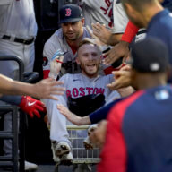 The Boston Red Sox celebrate a win in 2022 MLB action