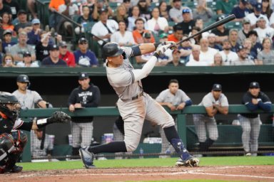 Yankees outfielder Aaron Judge connects on his 3rd inning solo home run against the Baltimore Orioles at Camden Yards.