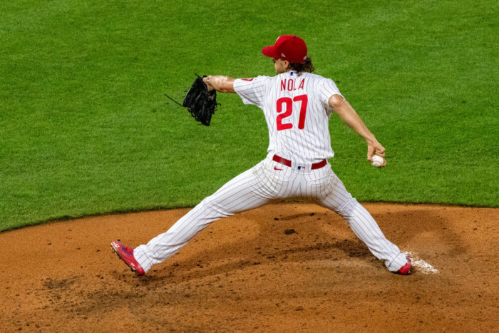 Aaron Nola delivers a pitch in 2022 MLB action