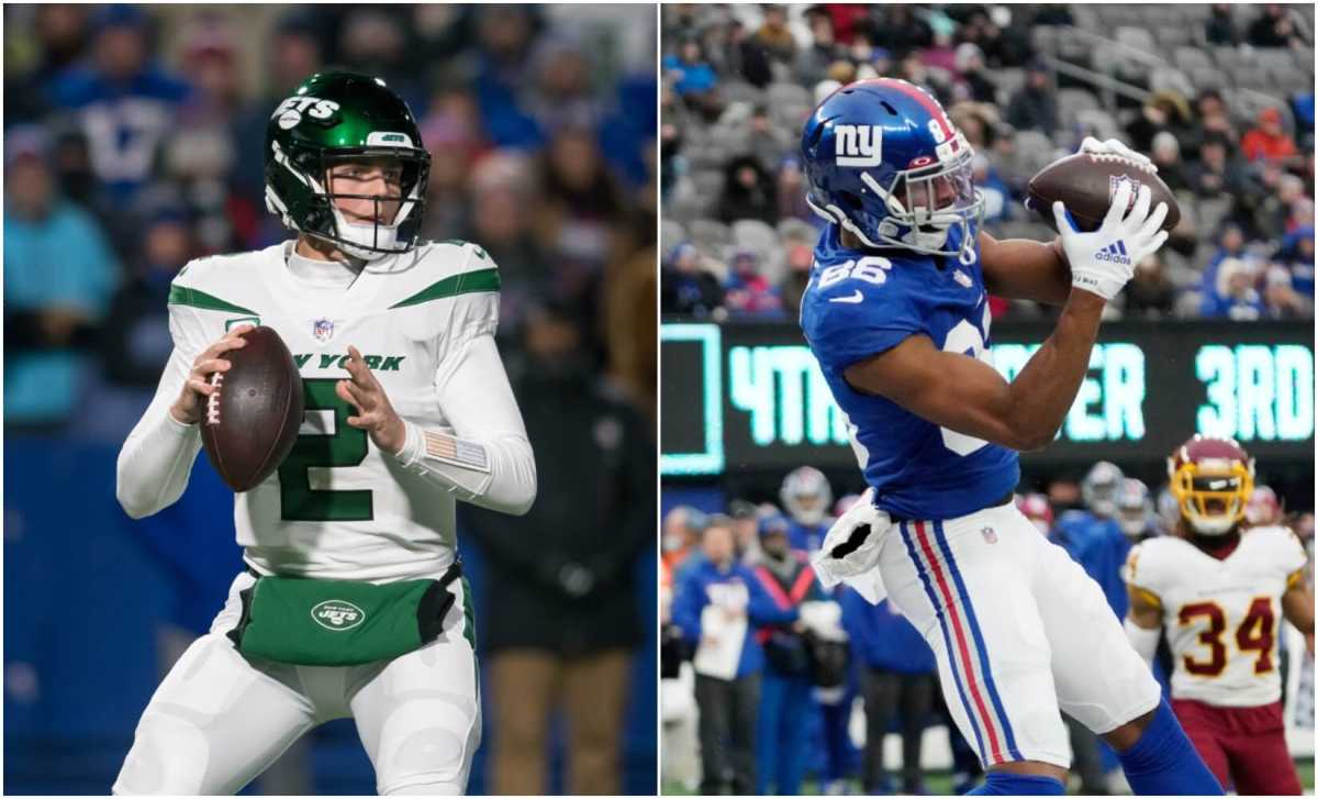 Schedule Jets quarterback Zach Wilson (left), and Giants wide receiver Darius Slayton (right).