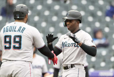 The Marlins celebrate an MLB win