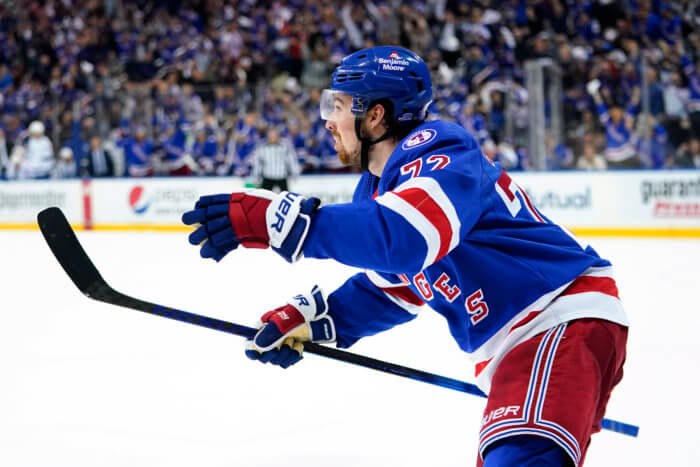 Kid Line center Filip Chytil celebrates a goal. 