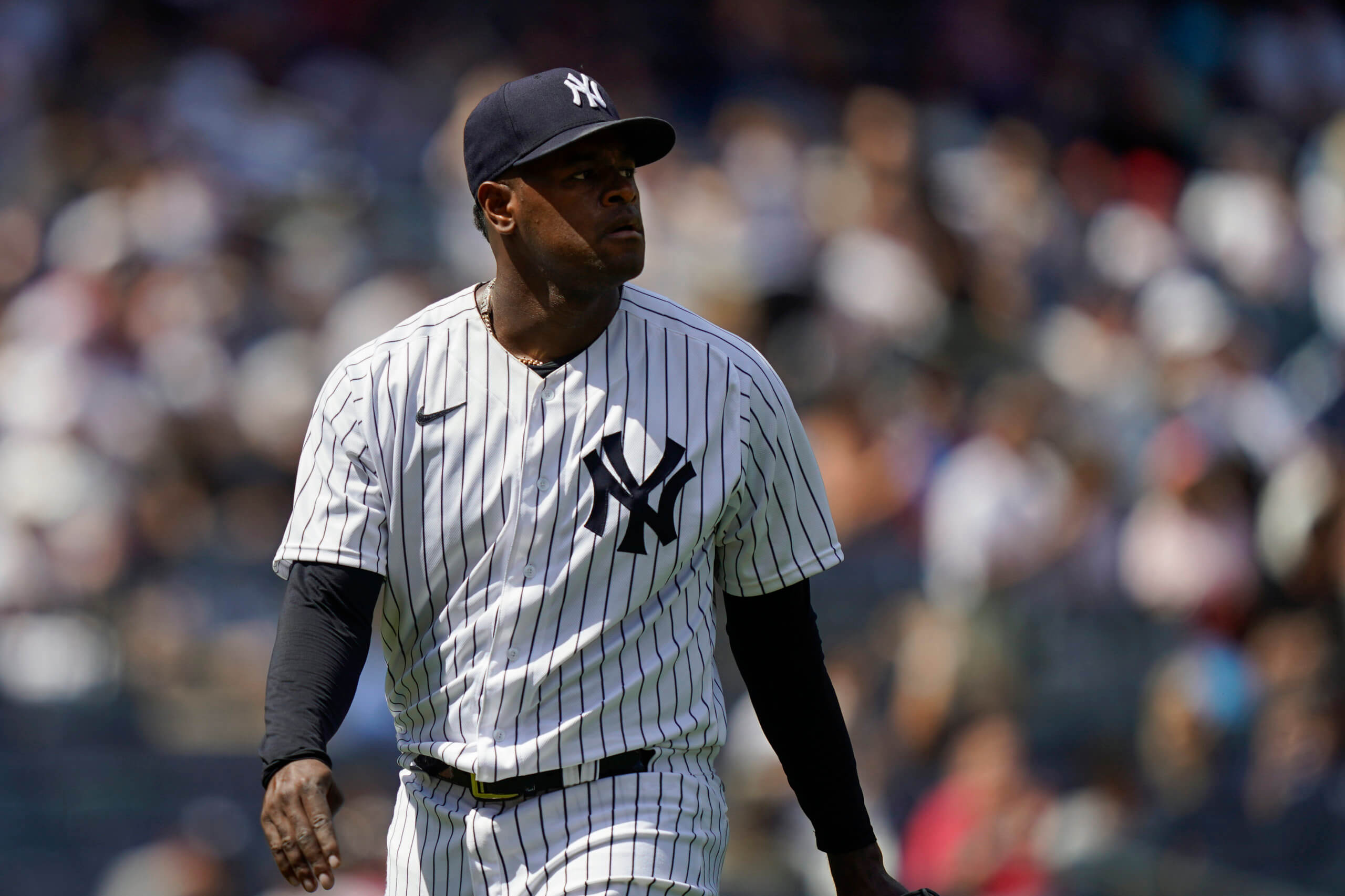 New York Yankees starting pitcher Luis Severino (40) walks back to the dugout during the change in the seventh inning of a baseball game against the Detroit Tigers, Saturday, June 4, 2022, in New York. (AP Photo/John Minchillo)