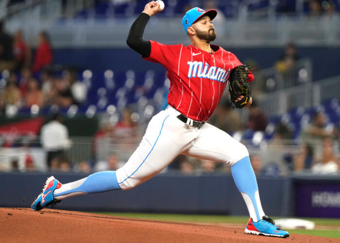 Pablo Lopez delivers a pitch in 2022 MLB action