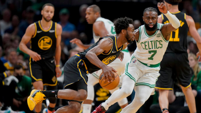 Andrew Wiggins attacks the basket in the 2022 NBA Finals