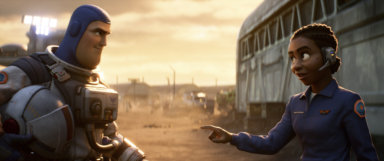 An image released by Disney/Pixar shows character Buzz Lightyear, voiced by Chris Evans, left, and Alisha Hawthorne, voiced by Uzo Aduba, in a scene from the animated film "Lightyear," releasing June 17, 2022.