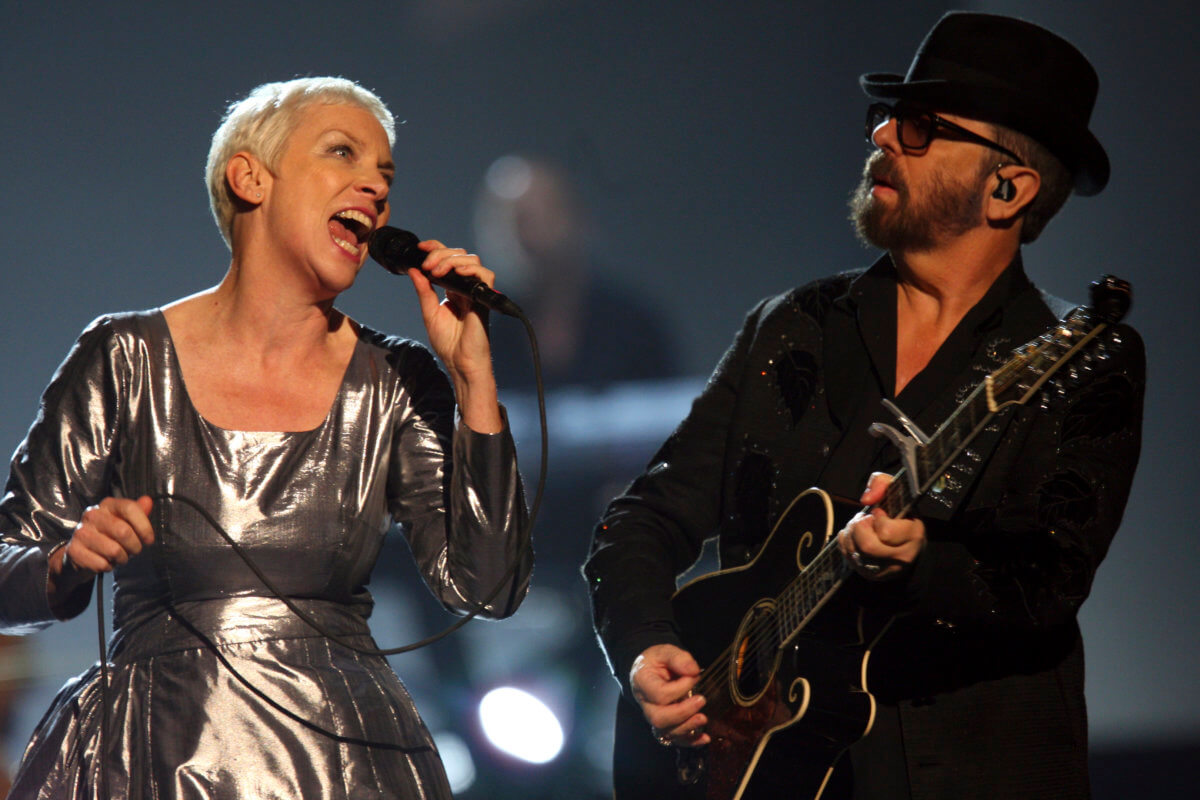 Annie Lennox, left, and Dave Stewart of the Eurythmics performing at The Night that Changed America: A Grammy Salute to the Beatles in Los Angeles on Jan. 27, 2014. Lennox and Stewart will be inducted into the Songwriters Hall of Fame.