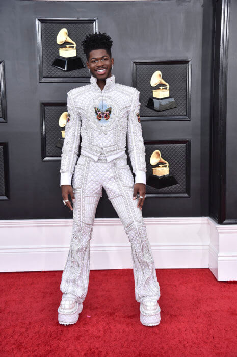 Lil Nas X arrives at the 64th Annual Grammy Awards on April 3, 2022, in Las Vegas. He is apart of the Hall of Fame ceremony
