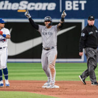 Yankees' Gleyber Torres celebrates after hitting a double against the Toronto Blue on June 17.