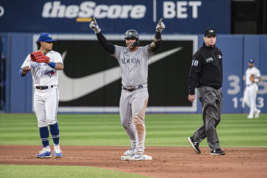 Yankees' Gleyber Torres celebrates after hitting a double against the Toronto Blue on June 17.