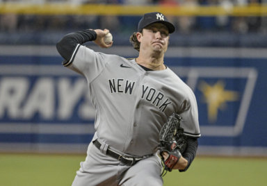 Yankees starter Gerrit Cole tossed a pitch during his outing, where he gave up no hits for 7-straight innings.