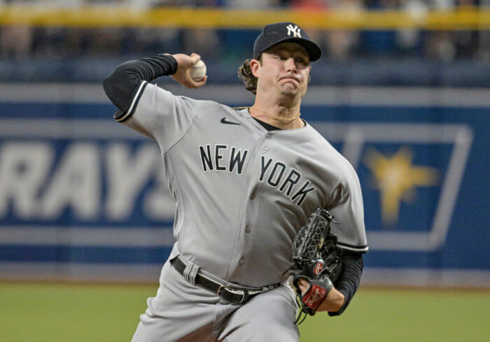 Yankees starter Gerrit Cole tossed a pitch during his outing, where he gave up no hits for 7-straight innings.