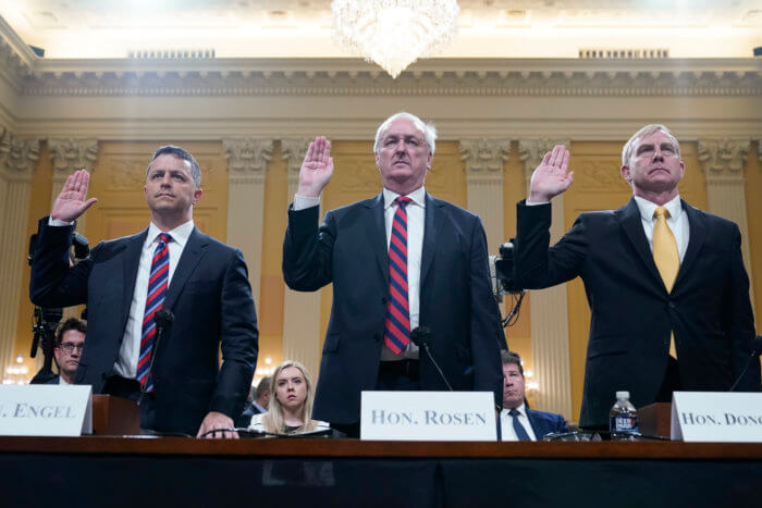 Steven Engel, former Assistant Attorney General for the Office of Legal Counsel, from left, Jeffrey Rosen, former acting Attorney General, and Richard Donoghue, former acting Deputy Attorney General, are sworn in to testify.