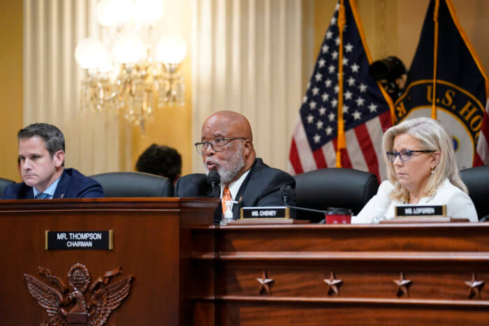 Chairman Bennie Thompson, D-Miss., center, speaks as the House select committee investigating the Jan. 6 attack on the U.S. Capitol continues to reveal its findings of a year-long investigation, at the Capitol in Washington, Thursday, June 23, 2022. Rep. Adam Kinzinger, R-Ill., left, and Vice Chair Liz Cheney, R-Wyo., right, listen.