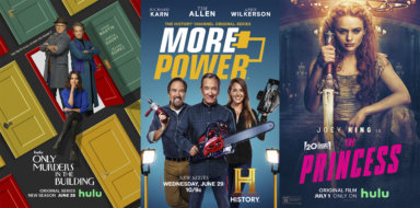 This combination of photos shows promotional art for "Only Murders in the Building," a Hulu series premiering its second season on June 28, left, "More Power," a series premiering June 29 on History, and "The Princess," a film premiering July 1 on Hulu.