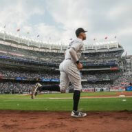 New York Yankees' Aaron Judge takes the field for the team's baseball game against the Houston Astros.