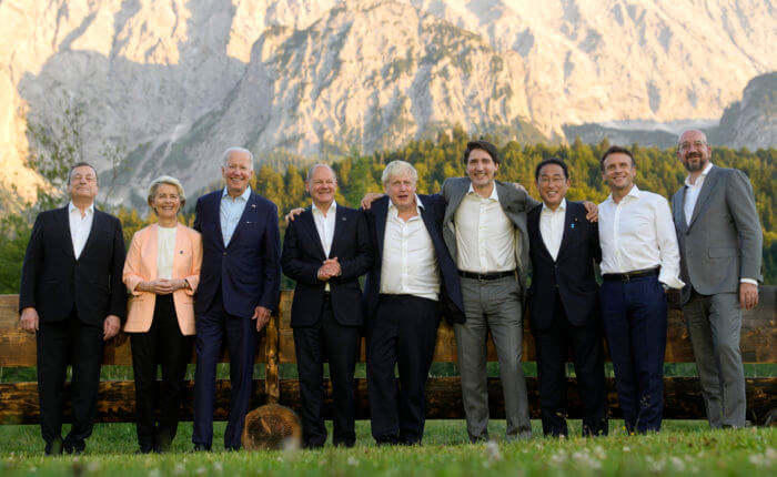 Group of Seven leaders pose during a group photo at the G7 summit at Castle Elmau in Kruen, near Garmisch-Partenkirchen, Germany, on Sunday, June 26, 2022. The Group of Seven leading economic powers are meeting in Germany for their annual gathering Sunday through Tuesday. From left, Italy's Prime Minister Mario Draghi, European Commission President Ursula von der Leyen, U.S. President Joe Biden, German Chancellor Olaf Scholz, British Prime Minister Boris Johnson, Canada's Prime Minister Justin Trudeau, Japan's Prime Minister Fumio Kishida, French President Emmanuel Macron and European Council President Charles Michel.