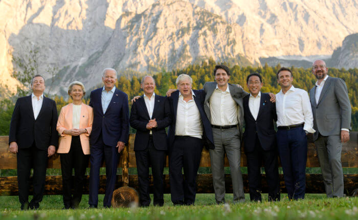 Zelenskyy tells G-7 summit Ukraine forces face urgent moment 2 Group of Seven leaders pose during a group photo at the G7 summit at Castle Elmau in Kruen, near Garmisch-Partenkirchen, Germany, on Sunday, June 26, 2022. The Group of Seven leading economic powers are meeting in Germany for their annual gathering Sunday through Tuesday. From left, Italy's Prime Minister Mario Draghi, European Commission President Ursula von der Leyen, U.S. President Joe Biden, German Chancellor Olaf Scholz, British Prime Minister Boris Johnson, Canada's Prime Minister Justin Trudeau, Japan's Prime Minister Fumio Kishida, French President Emmanuel Macron and European Council President Charles Michel.