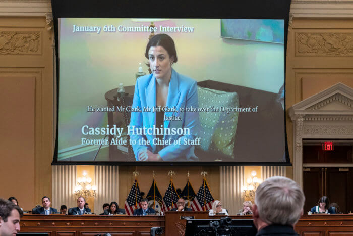 Cassidy Hutchinson, a top former aide to Trump White House Chief of Staff Mark Meadows, is seen in a video of her interview with the House select committee investigating the Jan. 6 attack on the U.S. Capitol.