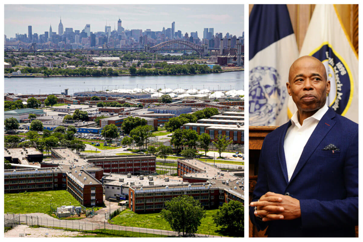 The Rikers Island jail complex (left) will remain under the control of the city government, led by Mayor Eric Adams (right).