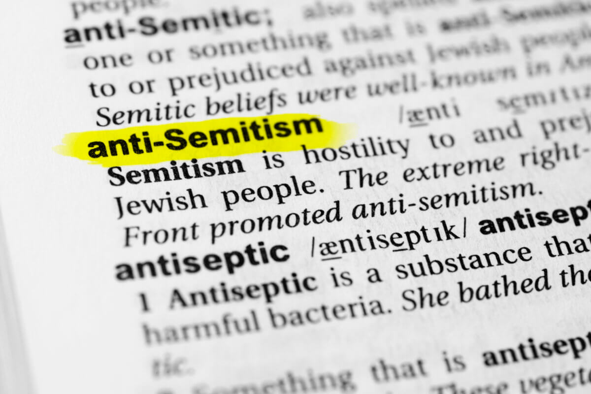 Highlighted English word “anti semitism” and its definition in the dictionary