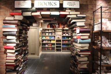 A bookstore arch filled with books.