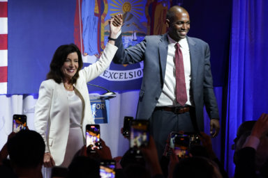 New York Governor Kathy Hochul stands with Lieutenant governor Antonio Delgado during the primary election night party.