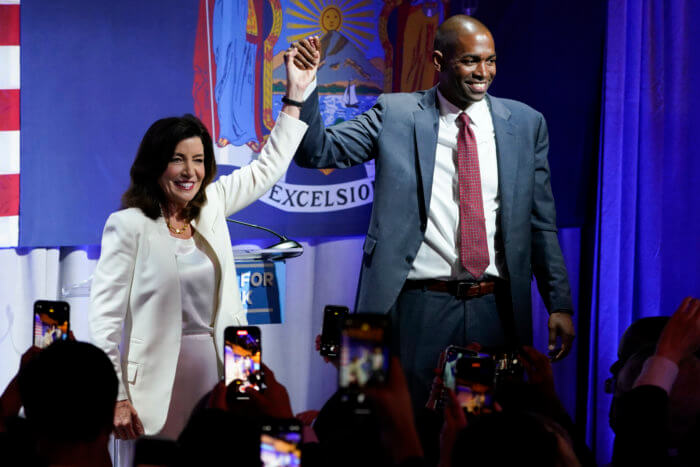 New York Governor Kathy Hochul stands with Lieutenant governor Antonio Delgado during the primary election night party.