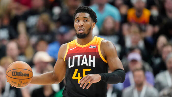 Donovan Mitchell, who has been linked to the Knicks in trade talks, brings the ball up court as a member of the Utah Jazz in the second half of Game 6 of an NBA basketball first-round playoff series against the Dallas Mavericks.