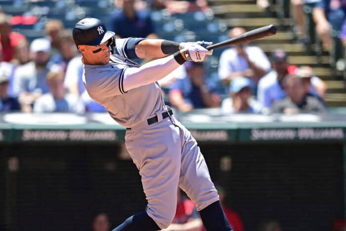 Yankees' Aaron Judge hits a double in the 6th inning against the Cleveland Guardians on July 2