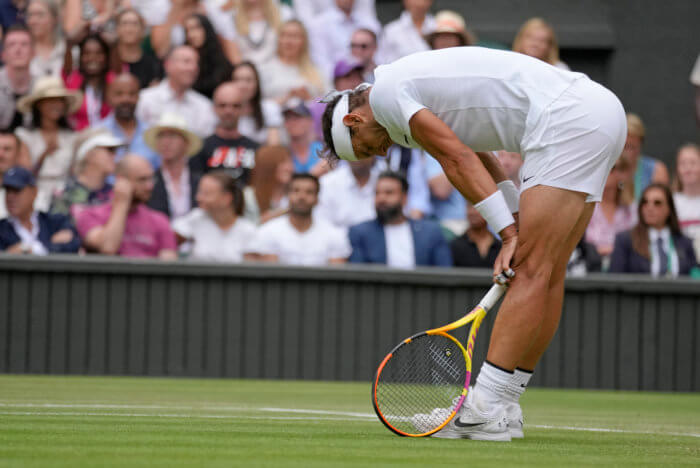 Spain's Rafael Nadal reacts after losing a point as he plays Taylor Fritz of the US in a men's singles quarterfina.
