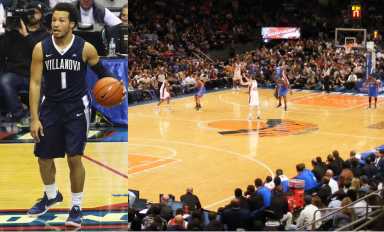 Jalen Brunson dribbled the ball in college as a member of the Villanova Wildcats (left).