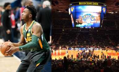 The Knicks are reportedly interested in trading for Utah star Donovan Mitchell (left).