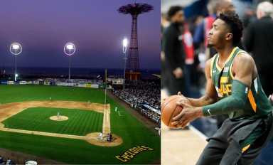 Donovan Mitchell (right) threw the opening pitch of a Cyclones game at Maimonides Park on Saturday.