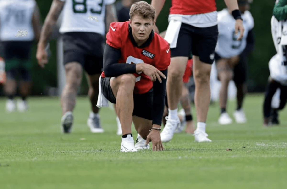 New York Jets quarterback Zach Wilson takes part in drills at the NFL football team's practice facility in Florham Park.